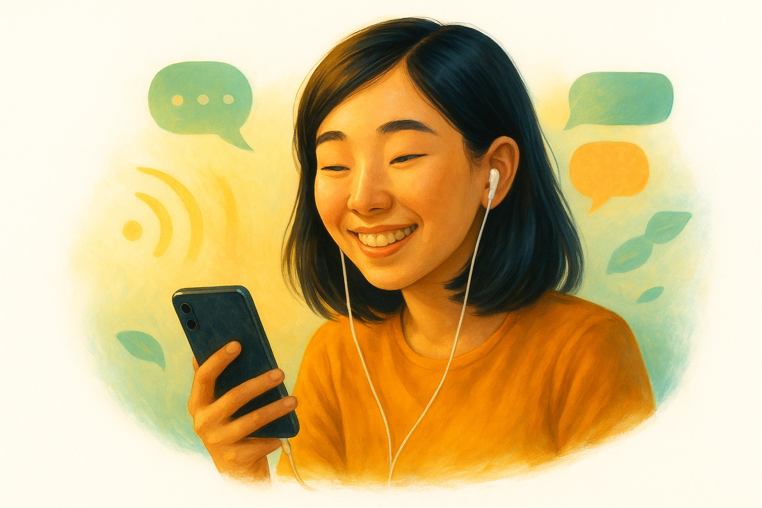 Learner listening to English audio stories on smartphone with soft chat wave elements.