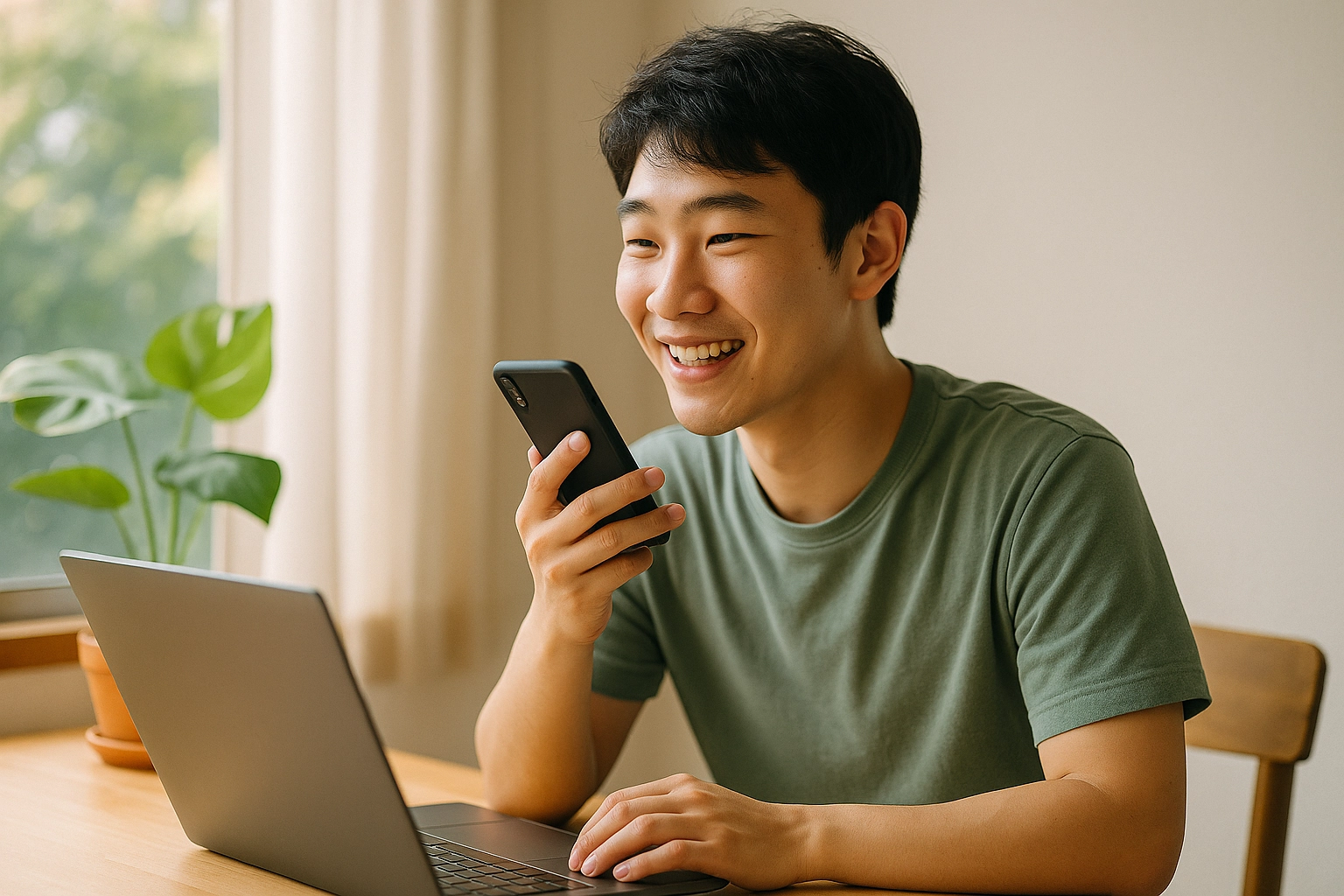 Young Asian man studying English with a laptop and notebook, practicing speaking with earphones on.