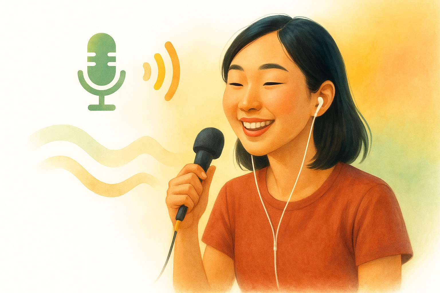 Learner speaking English confidently with microphone and voice wave symbols.