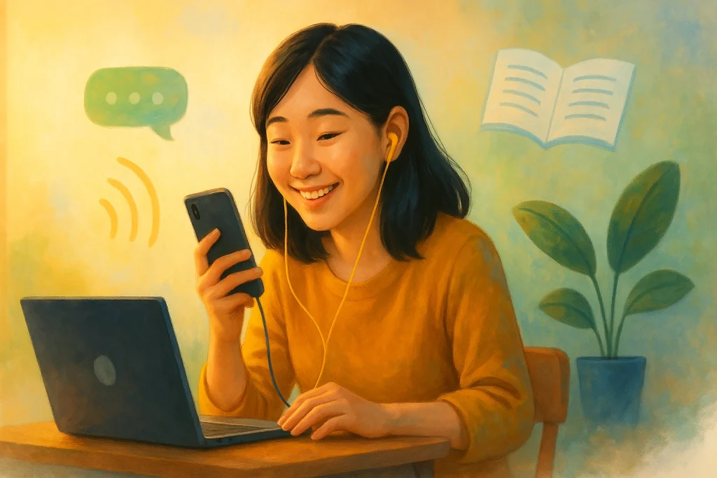 Asian young adult learning English through audio lessons on a laptop with earphones, surrounded by colorful storytelling and speech elements.